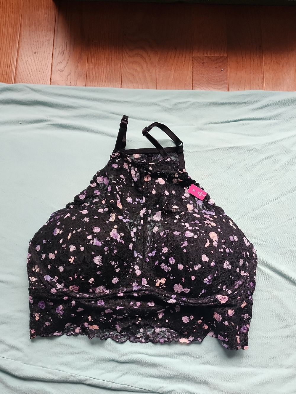 Victoria's Secret Black Lace High-Neck Bralette with Pink & Purple NWT Small